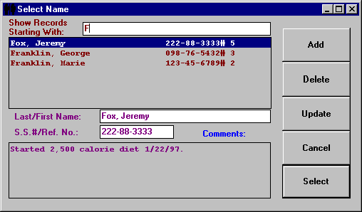 Sample screen: Patient/client database