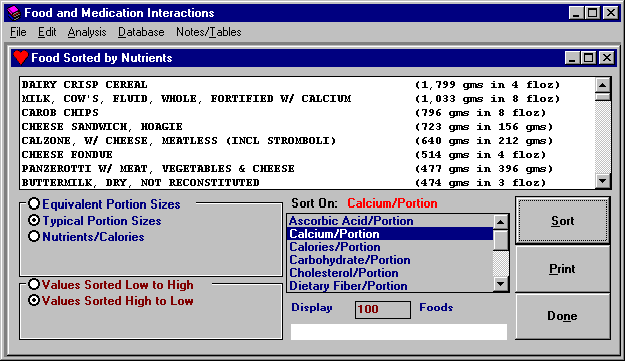 Sample screen: Food database